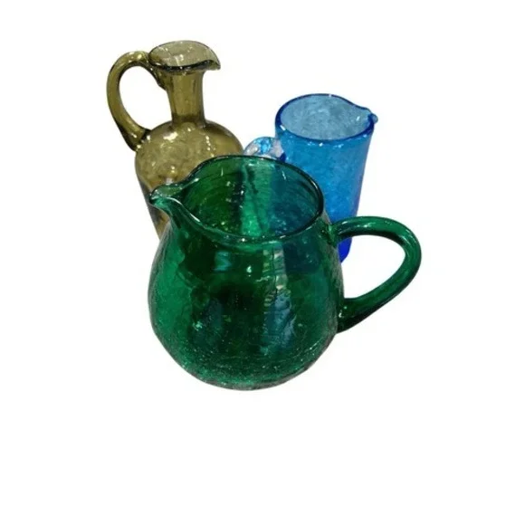 Vintage Crackle Glass Bud Vase Set Amber Green Blue Mini Pitcher Trio - Picture 4 of 15